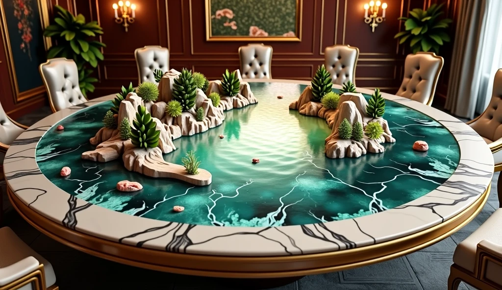 Draw a round dining table，Accommodates 30 people，There is a landscape scene in the middle of the dining table，Marble material，Metal Material，High-end，Royal dining table，Close-up details，High-end atmosphere，8k，Large wide angle，Vary rendering，Delicate，complex