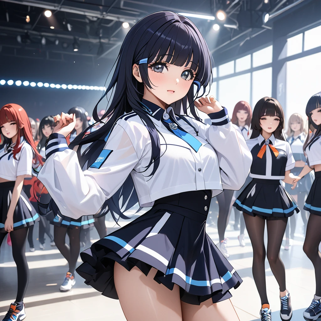 ((Highest quality)), ((masterpiece)), (detailed), (Perfect Face)、The woman is Aoki Reika, has medium-long hair and is a member of a Korean K-POP girl group.、The woman is wearing a cool costume from a Korean K-POP girl group and dancing a gorgeous and cool K-POP dance with her team members.