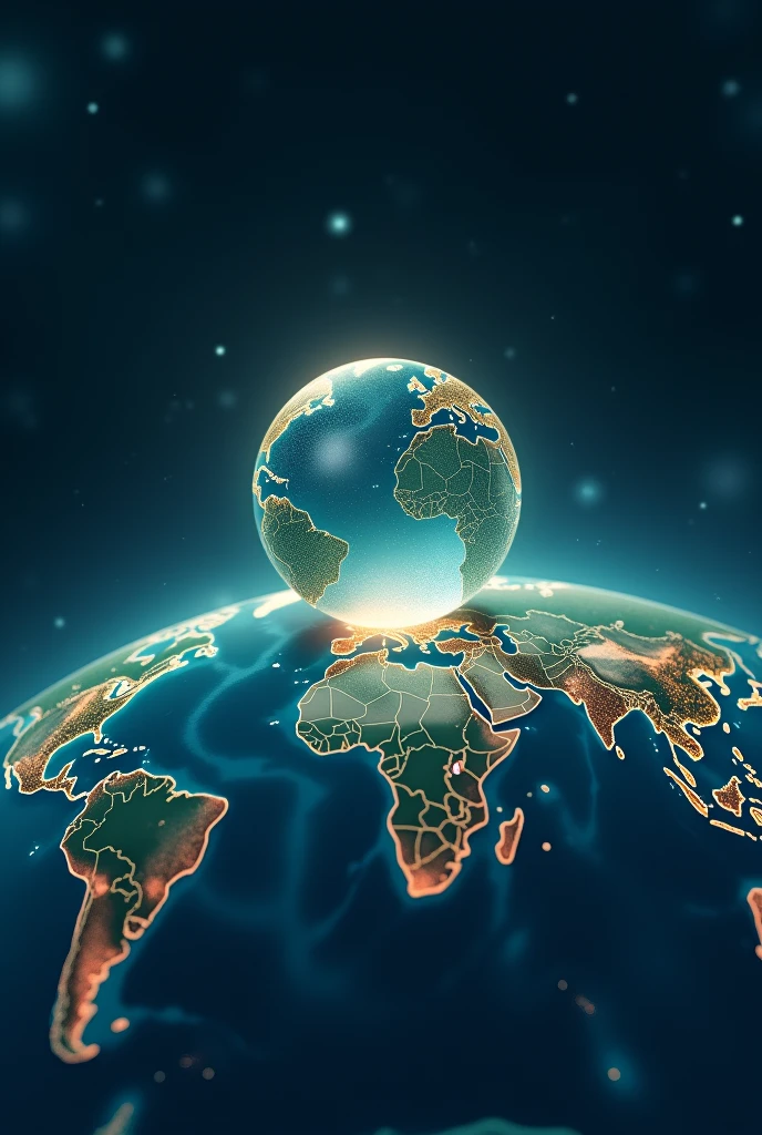 Earth seen from above, Equipped with a delicate glass magnifying glass on the top. A magnifying glass focuses on various parts of the world, Connecting countries and regions with thin lines. Both the globe and the magnifying glass have a vivid glow. Illustrations are digital, with an abstract touch, Use a dark blue color palette, subtle green, and occasionally adding gray and white to enhance contrast.