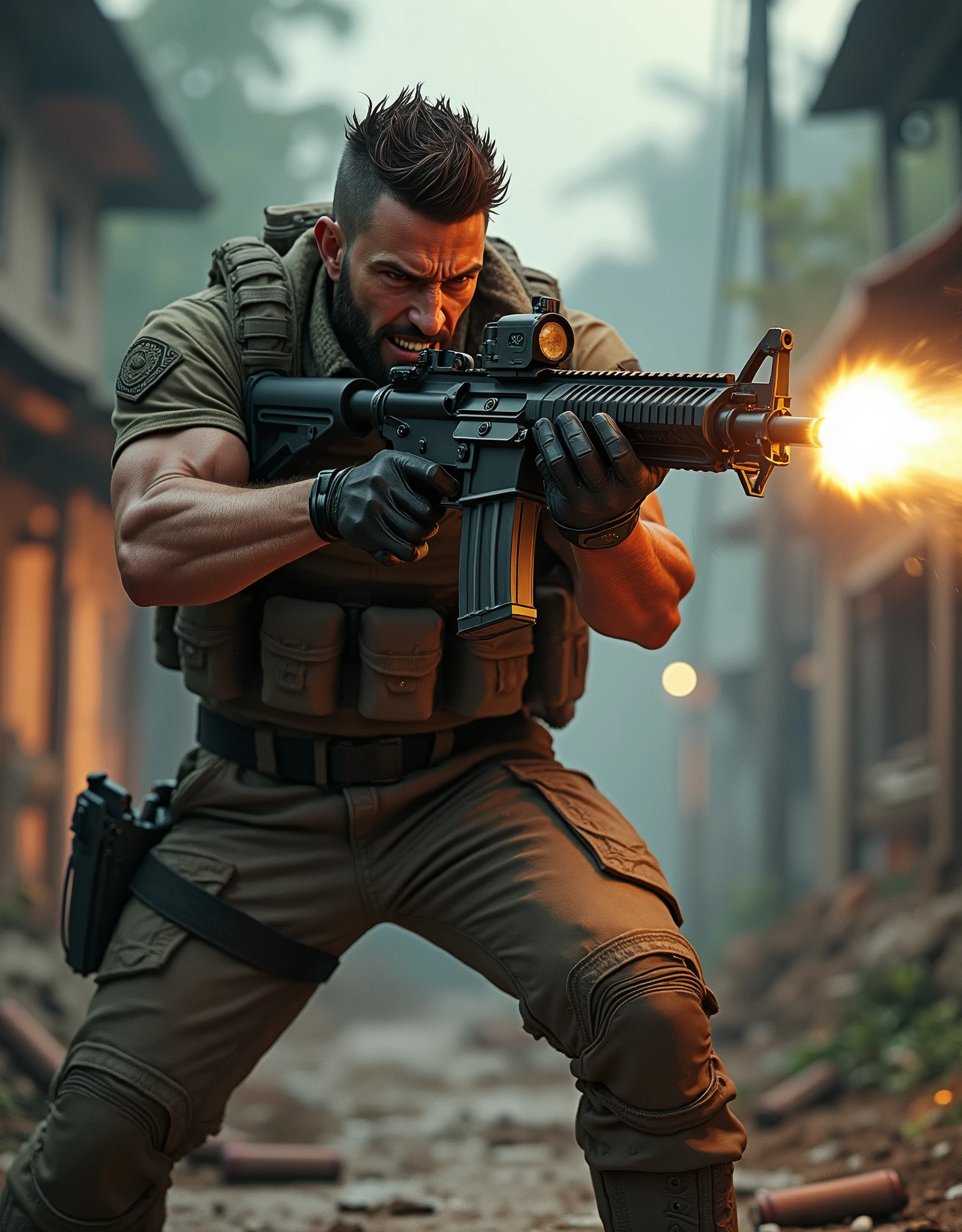 (masterpiece), (best quality), (hires), solo, solo focus, male focus, mercenary, firing machine gun, assault rifle, shell casings, brown hair, brown eyes, (crew cut), (spiky hair), (facial hair), (facial scar), angry, clenched teeth, jungle village, dusk, war zone background, tactical gear, combat boots, dynamic action pose, standing, gritty atmosphere.