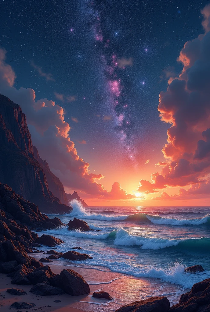 An realism landscape art having colors orange , purple , blue , pink , black , red , grey , movie poster like starry sky, seaside