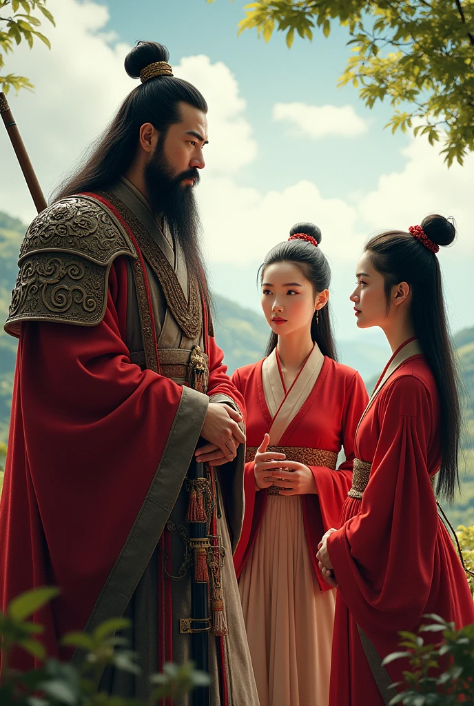 Guan Yu with a beard talks to his two red-shirted sisters-in-law.