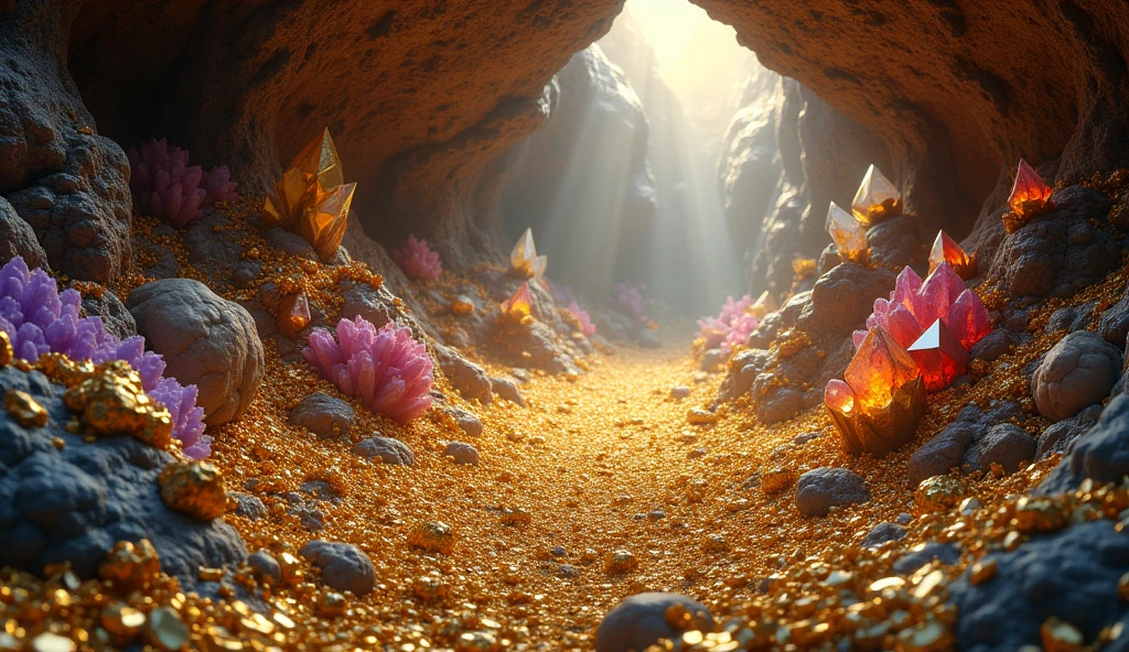 There are large pieces of gold and various crystal minerals under the ground.(best quality,4K,8k,High level,masterpiece:1.2),Ultra Detailed,(lifelike,Photo real,Photo real:1.37)