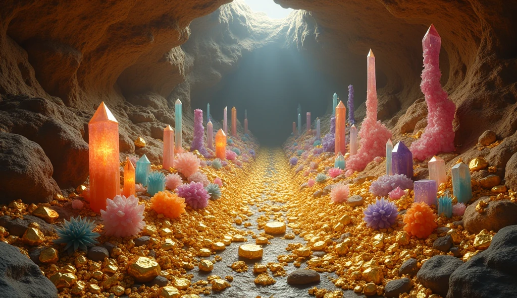 There are large pieces of gold and various crystal minerals under the ground.（best quality，4K，8k，High level，masterpiece：1.2），Ultra Detailed，（lifelike，Photo real，Photo real：1.37）