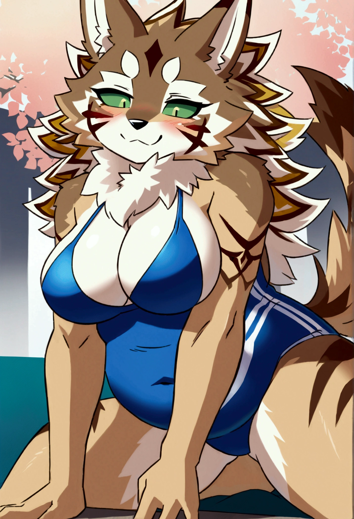 top quality, best quality, by kirumo-kat, High-quality illustrations, masterpiece), (kemono, furry anthro), very beautiful and detailed body face and eyes, round, 1 female, jackal, Seth, (Tokyo Afterschool Summoners), slightly chubby, mature face, brown furs, fluffy, tail, big breasts, perfect eyes, green sclera eyes, black pupils, beautiful japan school swimsuit, body movement, body twitching, red blushing, clumsy,