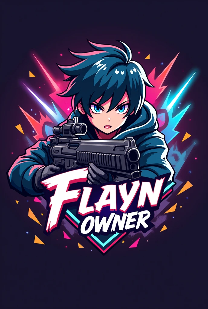 Gaming logo with young boy amine character with gun using name FLAYN OWNER