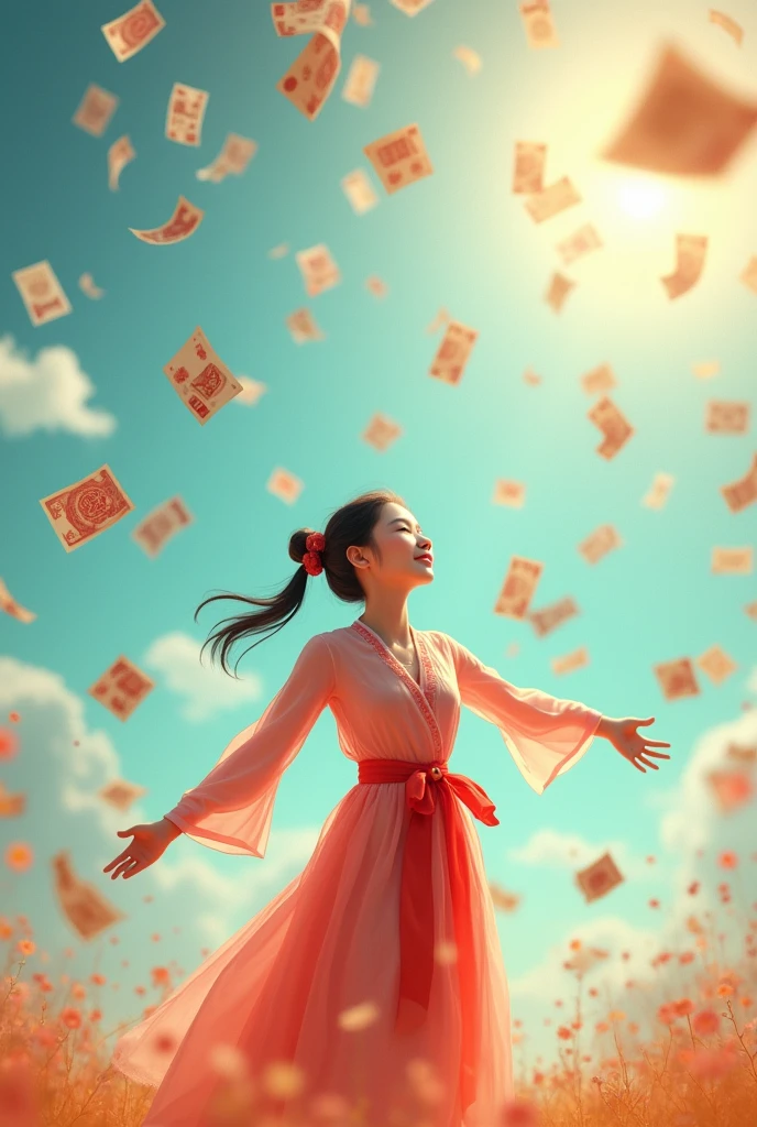 A beautiful Chinese girl smiles happily, looks up, and spreads her arms, waiting to receive money, which is falling from the sky in large amounts.