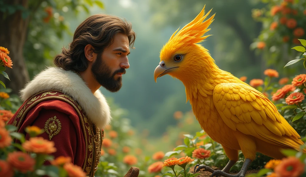 Setting: The same lush garden with flowers and greenery all around.Characters: The king, now closer to the bird, with a curious expression on his face.Focus: The golden bird is speaking with a wise, gentle expression, as the king listens, intrigued and thoughtful.