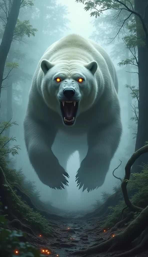 A massive polar bear with sharp, glistening fangs is running full speed toward the viewer, its mouth open wide in a ferocious snarl, ready to attack. The polar's white fur is matted and wild, and its glowing eyes are locked onto the viewer with a menacing intensity. The scene is set in a dense, smoky jungle, with thick underbrush and towering trees partially obscured by the heavy mist. The path the polar bear is charging down is narrow, overgrown with twisted roots and foliage, adding to the sense of impending danger. The overall atmosphere is dark and ominous, with the dense fog swirling around the polar bear, making its approach even more terrifying