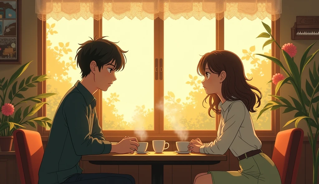 'A man and a woman sitting far apart in a cafe talking for the first time' in Ghibli style