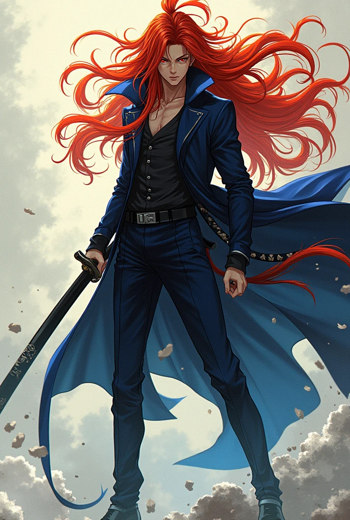 A handsome, flexible, fast Assassin, the height of Satoru Gojo with long red and yellow renguku style hair and red eyes, Dazai style design from Bungou to Alchemist with an Akutagawa style suit with a katana that is divided into two parts of black and blue color.