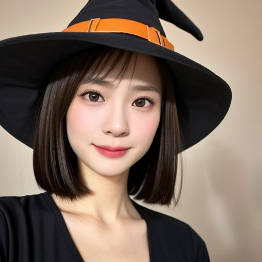 (kawaii 24 year-old Japanese girl, Nogizaka idol, Korean idol), healthy female athlete body, (glossy brown hair, short hair, pixie cut, bangs:1.3), (rounded face, beautiful black eyes, single eyelid, no makeup:1.2), (looking at viewer, soft smiling), (wearing witch's hat, long sleeved witch's costume:1.3), perfect shaped extra small breasts, BREAK, (lodge background, halloween pumpkin on back:1.2), (dynamic angle, bust shot:1.3), BREAK, (masterpiece, best quality, photo realistic, official art:1.4), (UHD, 8K quality wallpaper, high resolution, raw photo, golden ratio:1.3), (shiny skin), professional lighting, physically based rendering, award winning, (highly detailed skin, extremely detailed face and eyes, anatomically correct), Carl Zeiss 85 mm F/1.4, depth of field, 1girl, solo,