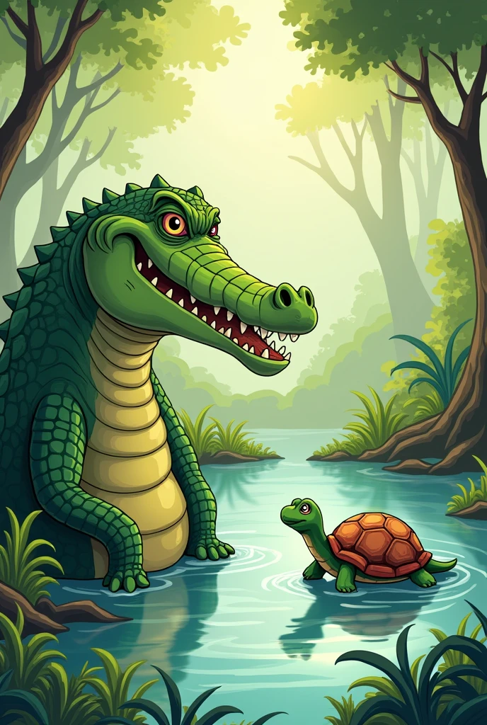 A big crocodile said to small turtle that There's a hidden treasure on the other side of the pond 2d cartoon

