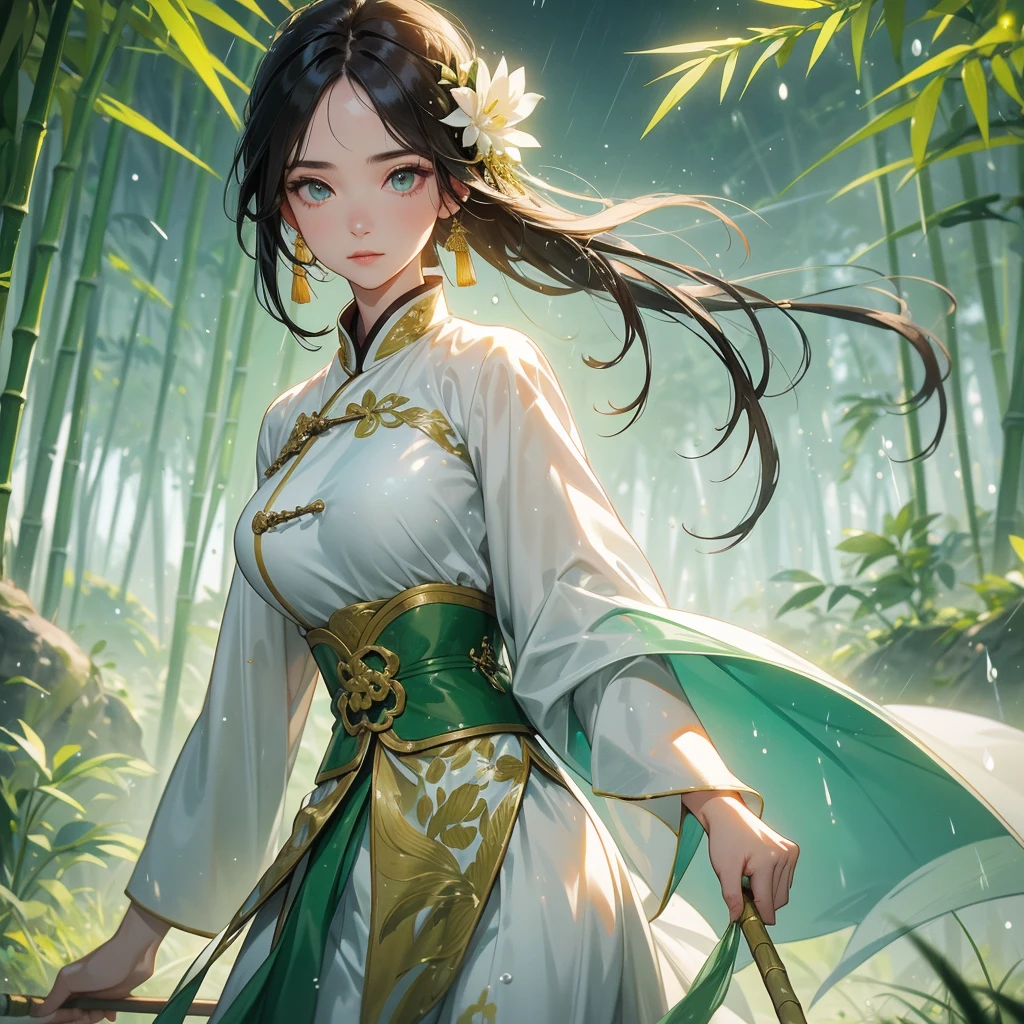 A beautiful female general holding a big spear in white ancient Chinese general costume, the back is a lush green bamboo forest. the air after rain has water droplets splashing around, close up.