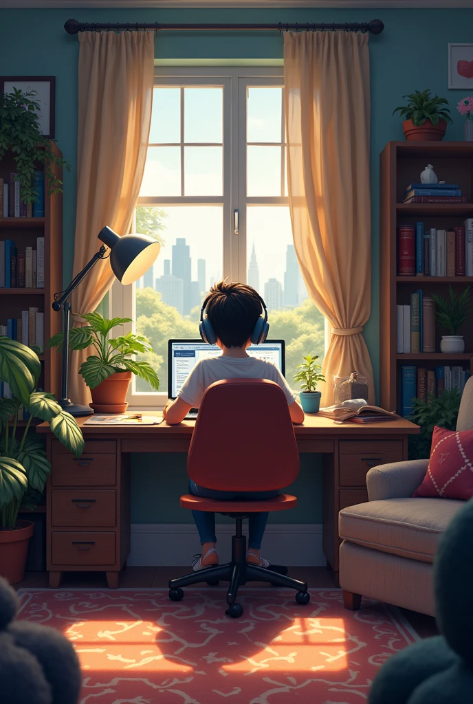 Create an image featuring a character sitting at a desk with headphone on, in a cozy room should have elements such as books, decorations, and a window showing either a cityscape or nature.
The atmosphere should be calm and inviting, suitable for studying or relaxing. Include soft shadows to enhance the warmth of the scene."