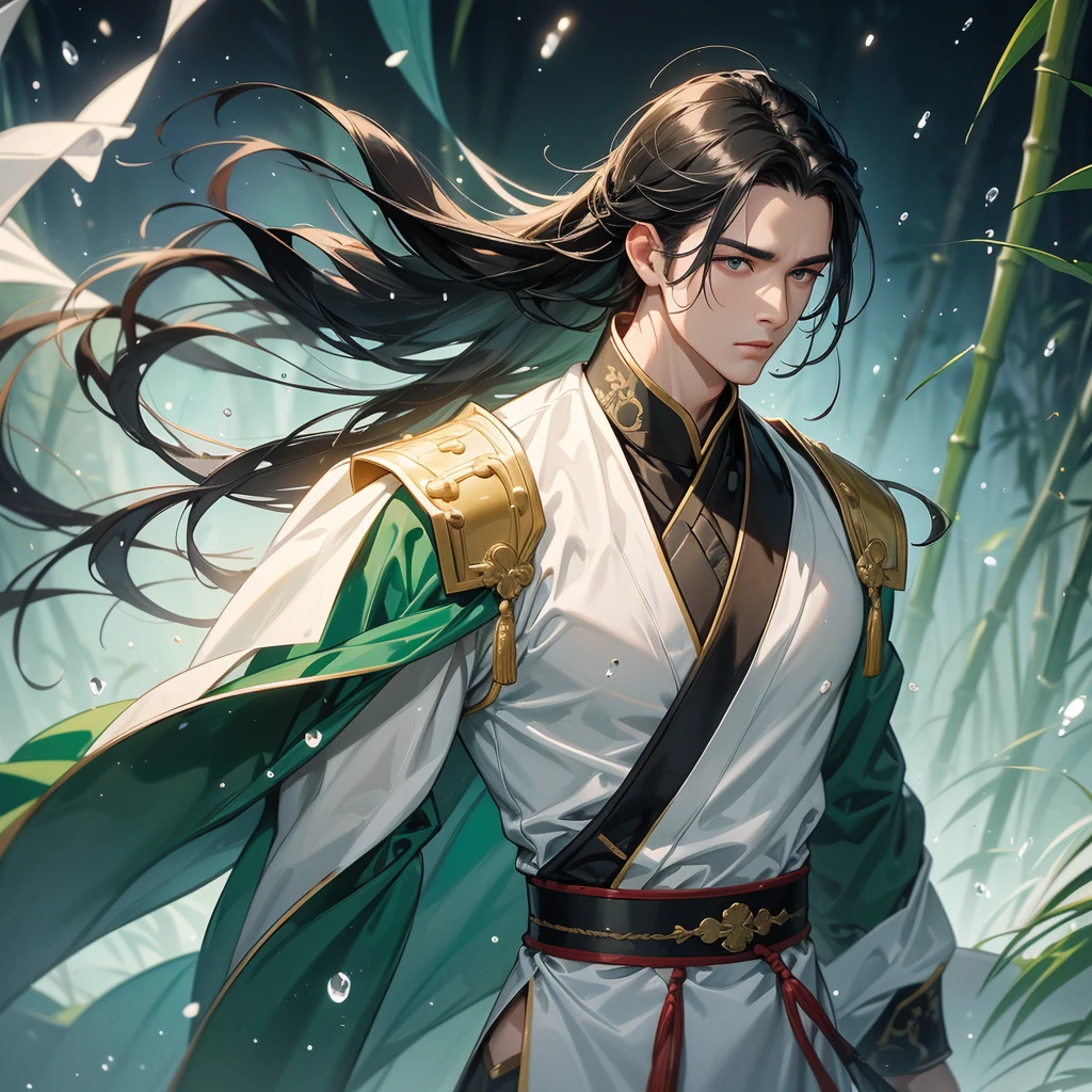 A Handsome black-haired male general holding a large sword in white ancient Chinese general costume, the back is a lush green bamboo forest. the air after rain has water droplets splashing around, close up.