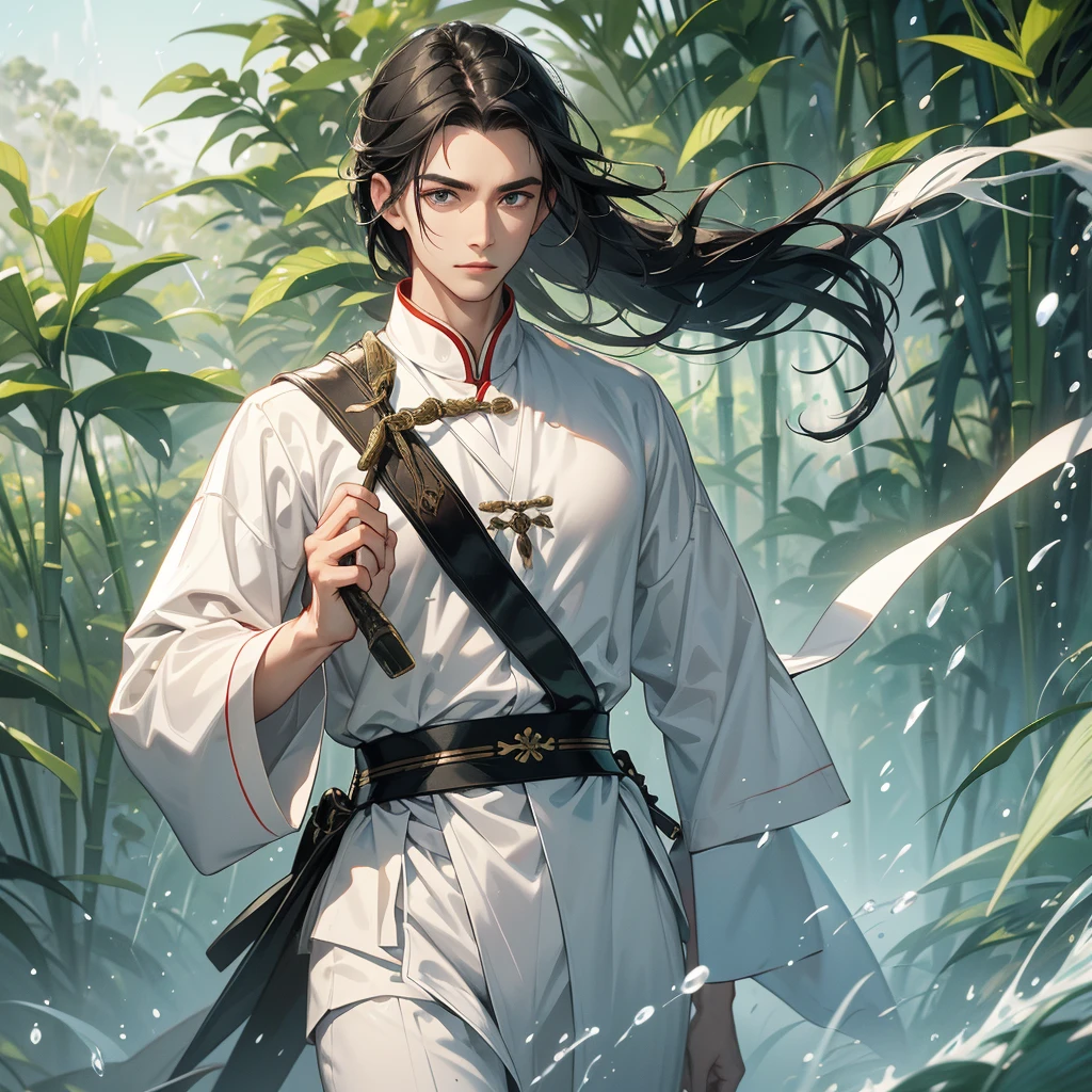 A Handsome black-haired male general holding a large sword in white ancient Chinese general costume, the back is a lush green bamboo forest. the air after rain has water droplets splashing around, close up.