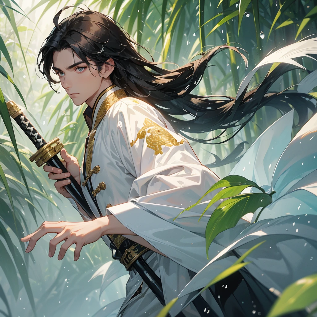 A Handsome black-haired male general holding a large sword in white ancient Chinese general costume, the back is a lush green bamboo forest. the air after rain has water droplets splashing around, close up.