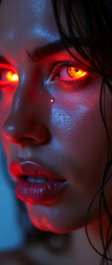 neon eyes, wet hair, wet drops on the face. Portrait of Lucy Pinder, sexy face, bitten lips, boca, language, sexy, Seductive, Hyperrealism, photorealism, 7k better
