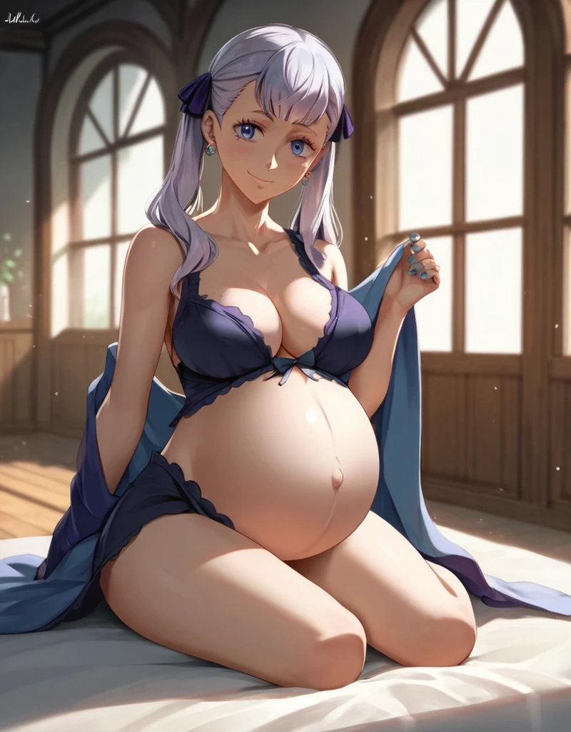 noelle_blackclover, score_9, score_8_up, score_7_up, source_anime,
Noelle Silva, Black Clover, long silver hair, waist-length hair, half-up half-down hairstyle, ribbon, soft waves, side-parted bangs, almond-shaped blue eyes, high-quality, ultra-detailed, beast quality, 8K resolution,
looking at viewer, dutch angle, cowboy shot, smile, pregnant belly, large belly, big belly, big Breasts, Sitting,
1girl,solo, indoors, happy, Smiling, rub belly,
full body, Nail polish, Earrings,