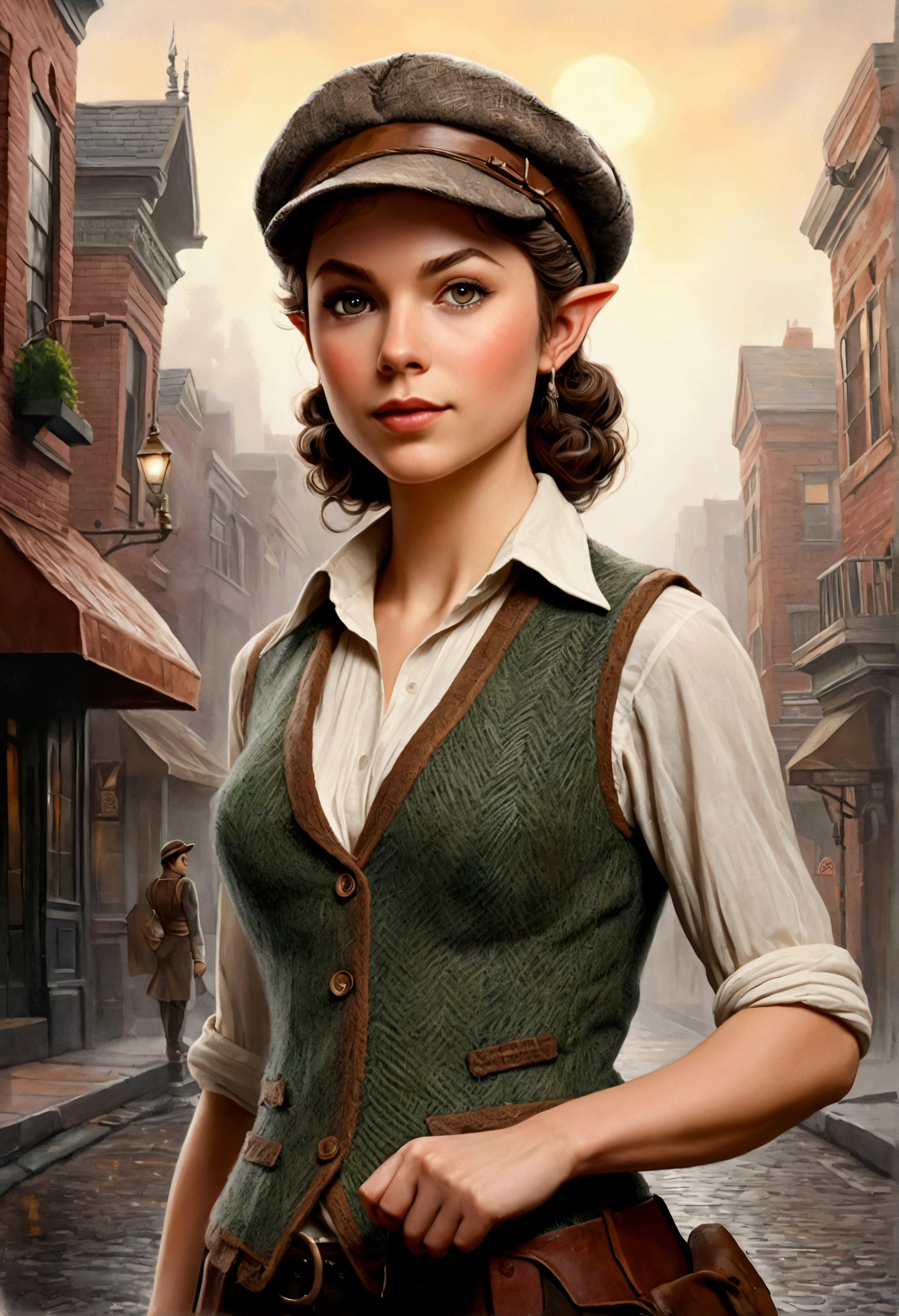 An illustrated movie poster, hand-drawn, full color, an elven maiden, wearing a tweed vest and a newsie cap, tall, toned, amazonian stature, athletic hourglass figure, busty bosom, long pointy elf ears, amber eyes, dark hair, curly bob cut, warm almond skintone, freckles, resembles Taylorr Swift, standing on a foggy Victorian-era street corner, graphite shading, stencil marks, airbrushed acrylic paint, masterpiece, elf ears