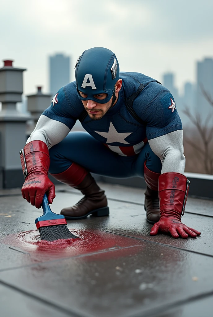 captain America  , doing the work of waterproofing a roof, with liquid waterproofing mantle