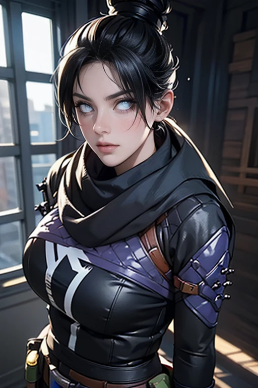 Foto de corpo inteiro, (Highly detailed CG Unity 8k wallpaper),(masterpiece), (highest quality), (super detailed), (Best Illustration),(best shadow), Wraith apex legends, pretty face focus, Masterpiece artwork, best qualityer, kissshotms, 1 girl, natta, Efeito de Luz, Masterpiece artwork, best qualityer, 1 girl, mature woman, breasts big, 8k, UHF, (abdomen, )muscular woman, Waist slender, detailedeyes, FGO1, 1stClothing, 1 girl, solo, hair bun simples, hair bun, scarf, sultry posing, Bblack hair, black scarf, blue colored eyes, bangss, bangss distributed, Hair behind the ear, mitts, piercing no nariz, mitts pretas