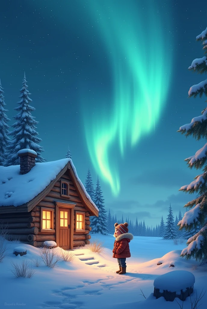 a cute five year old,Standing alone in the snow,Log Cabin,The sky is full of aurora