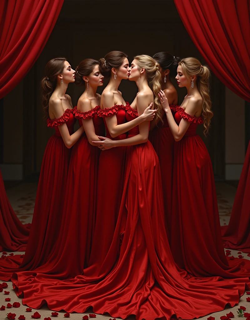 highest quality, masterpiece, highest resolution, artwork, super それにget used to it, many get used to it, get used to it, それにget used to it,((top view angle shows full entire crimson satin silk fabric)),love,romantic, six persons, two woman kiss and four women surrounded them,two women and with jewellry hug kissing each of their partners lying down on the floor,two women surrounded by four women in luxurious crimson satin dresses,((crimson satin elegant comfy dresses with a large and long skirt surrounding and covering the floor like a satin blanket)), crimson comfy satin evening dresses rose flowers dress decoration,((Gorgeous goddess rococo robe satin dress with voluminous full-length hoop skirt)), crimson long sleeve with gloves,long train skirt comfy dresses,A comfy dress with full silk fabric...,luxury shiny satin fabric,((Palace full luxurious extend side crimson shiny satin fabric flooding on the floor)),the floor covered by extend stretched flares train skirt dresses fabric,((extend side of crimson satin fabric)),Frilled velvet crimson fabric,many rose flowers on the floor,satin rose flowers dress decoration,((a women and hug kissed each other while lying wrapped in crimson satin dresses skirt on the floor)),luxurious shiny satin skirt fabric