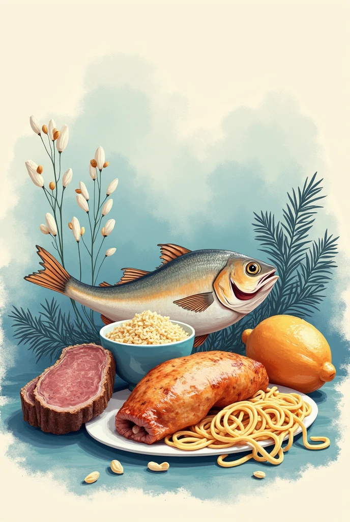 fish,Chicken, Israeli pasta and lamb illustrated in pastel blue tones illustrated on cream beige background
