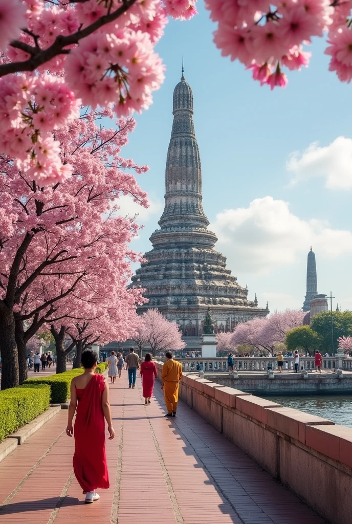 masteriece of landscape, A highly detailed and breathtaking view of Wat Arun from the opposite side of the Chao Phraya River in Thailand. The scene is adorned with vibrant pink and white cherry blossoms, creating a charming and picturesque atmosphere. People dressed in traditional Thai attire are carrying food offerings to pay respects, highlighting the beauty of authentic Thai artistry. The image captures the delicate and intricate details of the cherry blossoms and the serene ambiance of the temple. The wide-angle perspective enhances the awe-inspiring view, making it a captivating and stunning sight for viewers.