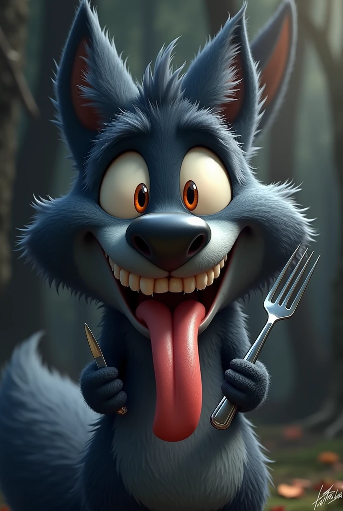 A whimsical, cartoonish black fox with large, expressive orange eyes, and exaggerated facial features stands with a mischievous, wide-eyed grin, holding a fork in one hand and a knife in other hand and matching the exact expression as the reference image:1.5. The fox's fur is dark black with tufts of fur adding texture and character. Its mouth is open wide with a comically large tongue sticking out, adding to its playful and mischievous appearance. The overall style is highly detailed with a touch of (hand-painted quality:1.4), focusing on exaggerated expressions:1.3, vibrant colors, and a humorous, light-hearted mood. The background is a softly blurred, dark-toned forest with hints of light filtering through the trees, adding to the magical and whimsical atmosphere.
