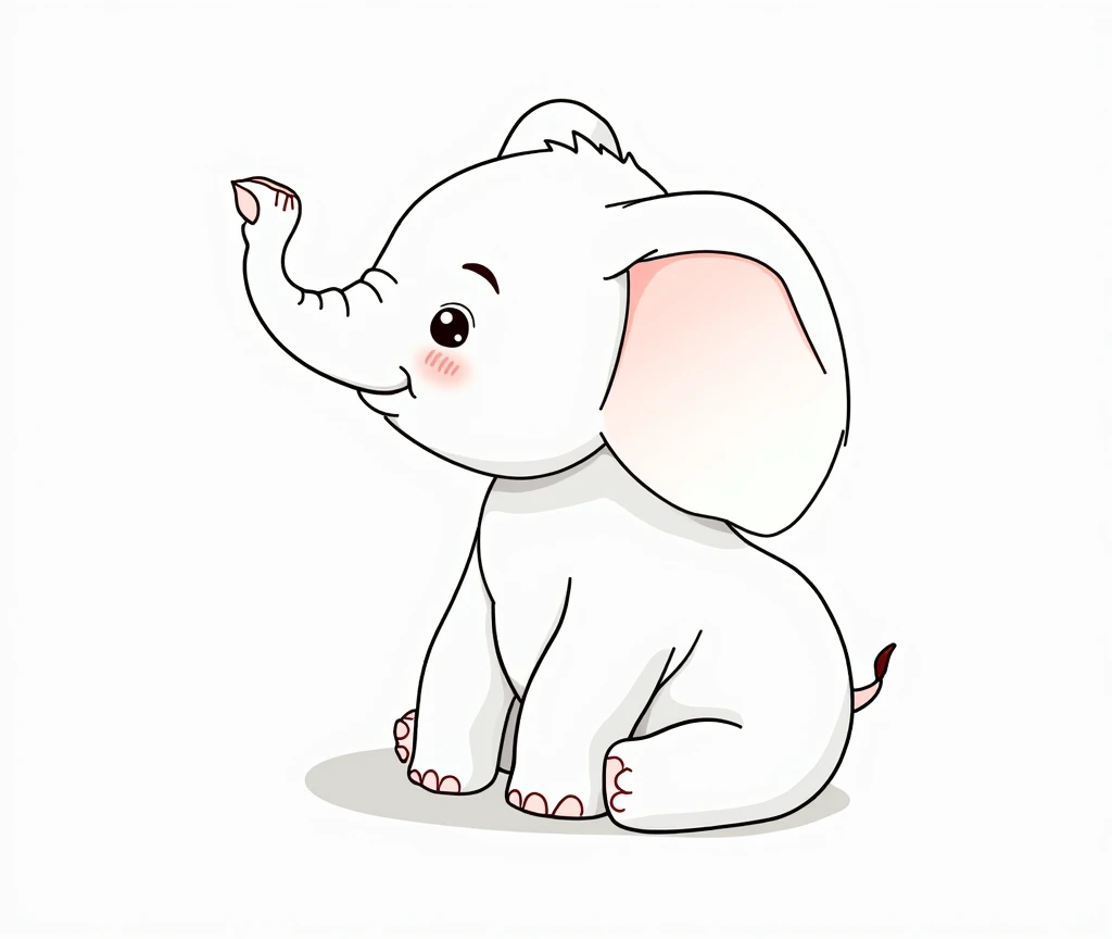 Front side elevation view of a cute little elephant sitting on the ground, cocking its trunk and waving, in a simple flat cartoon style with a white background and no shadows. This cute little grey elephant has a grey color, pink ears and eyes, and a smiling facial expression showing its little teeth. The artwork has soft lines and smooth edges in a cartoon animal illustration style with a simple design, vector file format, high resolution and professional quality.