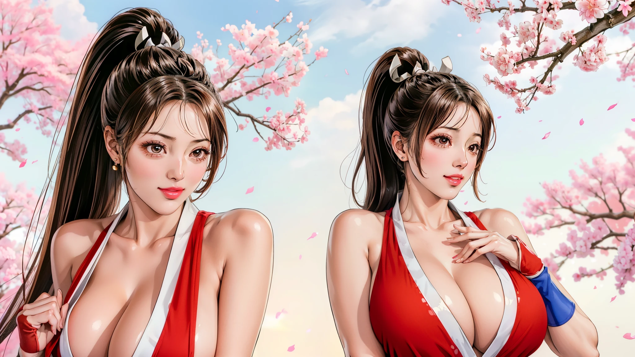 Japanese Beauty，Cherry Blossoms，Petals are just beginning to fall, In a park rich in nature、plant, (((Sexy姿势的杰作))), ((best quality)), ((complicated)), ((Surrealism)), Mature woman, Mature woman, , Very detailed, shape, mai Shiranui, ((Huge breasts)), Perfect hands, Finger details, beautiful eyes, ponytail，Brown eyes, (mai Shiranui suits:1.2),  earrings, Long detailed background, Perfect eyes, Charming eyes, Looking at the audience,  Rosy cheeks，Sexy，Cleavage，cute，Smile，beauty，Breast close-up，beauty的乳房，Osaka Castle，Japanese Shrines，Lots of hair，Exquisite facial features，charming