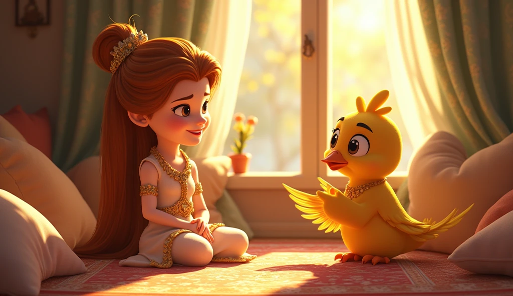 Setting: A cozy room filled with soft cushions, a large window letting in sunlight, and beautiful rugs on the floor.Characters: Princess Brazbala sitting comfortably, the golden bird perched on her hand, both engaged in a lively conversation.Focus: The bird is animatedly talking, while the princess listens with a smile, showing the bond of friendship growing between them