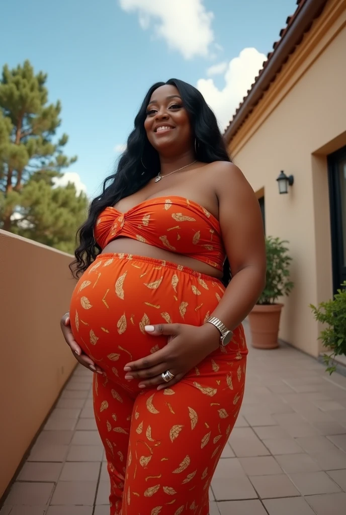 Pov when you look at Cardi B's stepmother with a plus size body who is super pregnant with a face that wants to kiss you on the terrace of the house. fisheye camera view, iphone camera style. 8k hd, realface, hard detailed