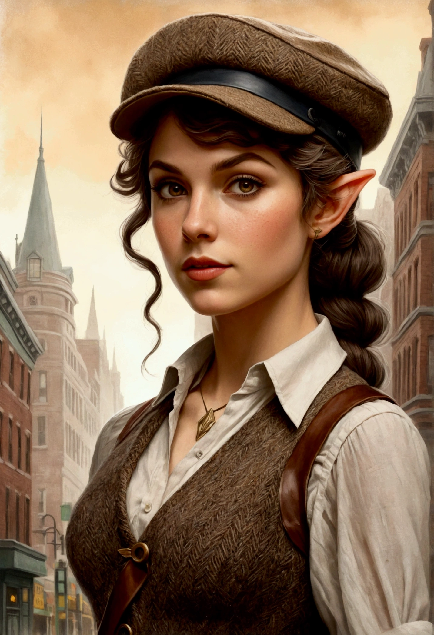 An illustrated movie poster, hand-drawn, full color, an elven maiden, wearing a tweed vest and a newsie cap, tall, toned, amazonian stature, athletic hourglass figure, busty bosom, long pointy elf ears, amber eyes, dark hair, curly bob cut, warm almond skintone, freckles, resembles Taylorr Swift, standing on a foggy Victorian-era street corner, graphite shading, stencil marks, airbrushed acrylic paint, masterpiece, elf ears