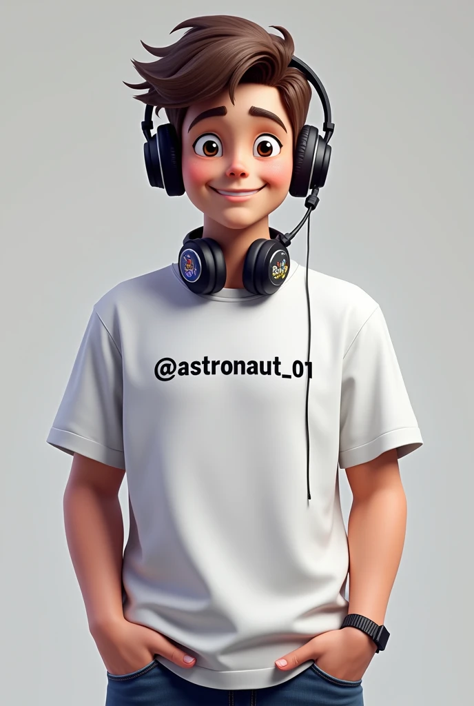 Cool gaming guy wearing headset around his neck, wearing a white T-shirt, with the name attached @astronaut_01 on her clothes, then he wears a mask on his mouth With 3d cartoon characters