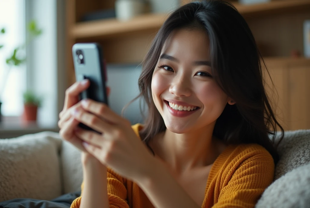 I had a smartphone shutter button.、Have a smartphone's Bluetooth switch、1 Female, Asian,Selphy,Selfie、Sit on the sofa、Stay away from tripods、Use a smartphone stand、Tripod smartphone stand、