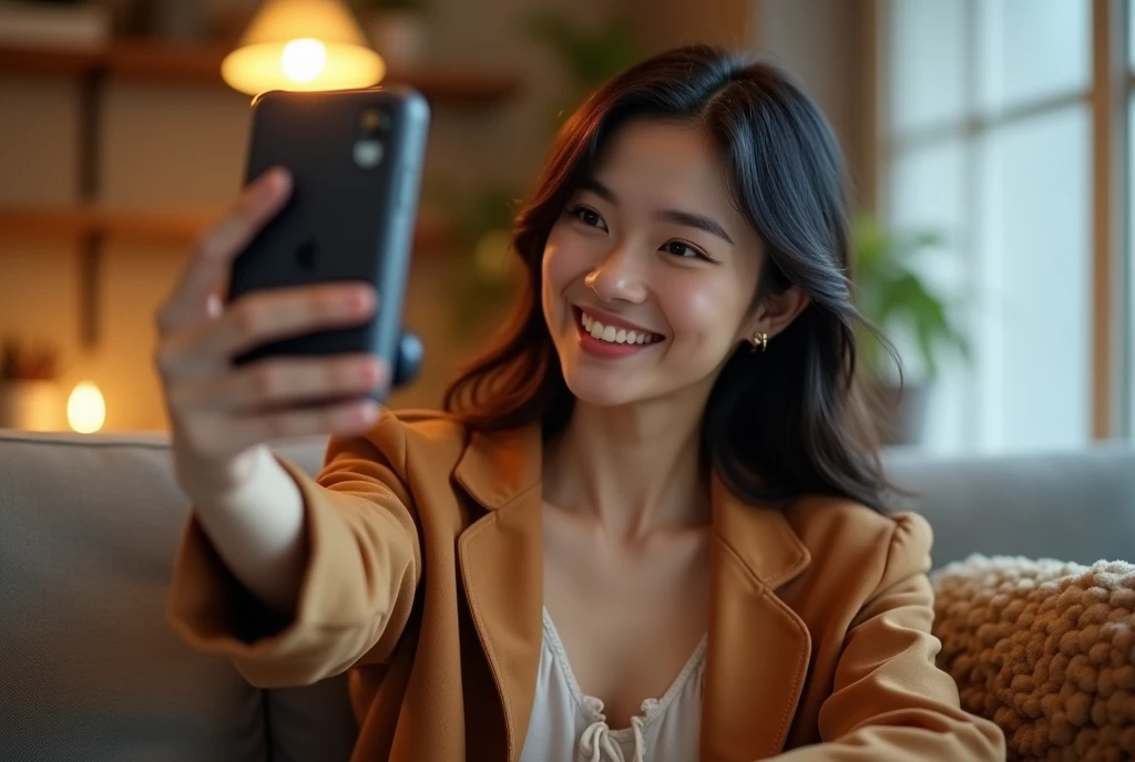 I had a smartphone shutter button.、Have a smartphone's Bluetooth switch、1 Female, Asian,Selphy,Selfie、Sit on the sofa、Stay away from tripods、Use a smartphone stand、Tripod smartphone stand、