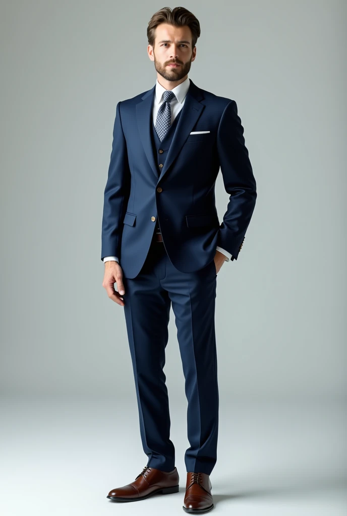 Homme en costume trois pièces ton bleu marine avec chaussures siret