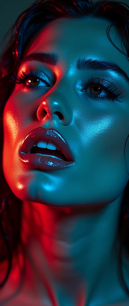 neon eyes, wet hair, wet drops on the face. Portrait of Lucy Pinder, sexy face, bitten lips, boca, language, sexy, Seductive, Hyperrealism, photorealism, 7k better 