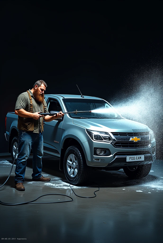 Draw a 2D image. The background color is black and inside there is a person with a beard holding a pressure washer pouring water on a gray 2005 Chevrolet Colorado.. That says on the top “left-handed car wash”