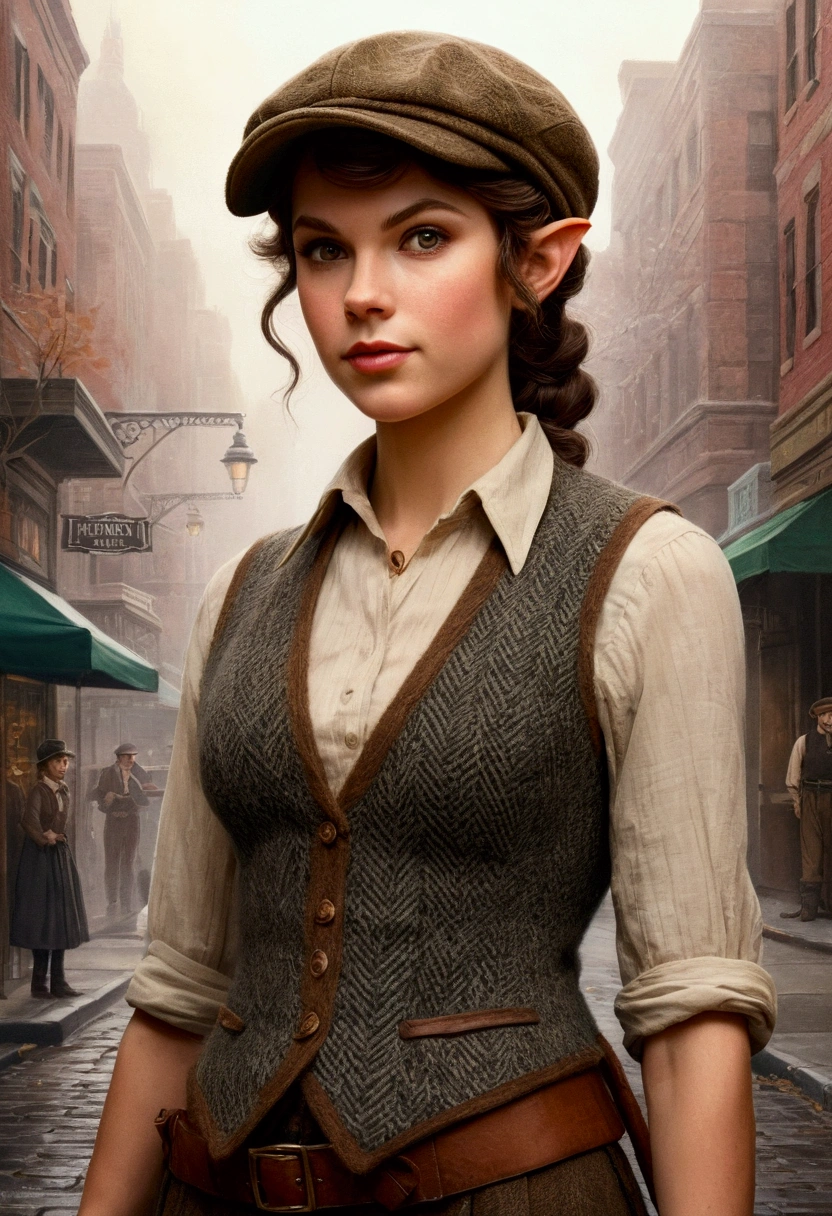 An illustrated movie poster, hand-drawn, full color, an elven maiden, wearing a tweed vest and a newsie cap, tall, toned, amazonian stature, athletic hourglass figure, busty bosom, long pointy elf ears, amber eyes, dark hair, curly bob cut, warm almond skintone, freckles, resembles Taylorr Swift, standing on a foggy Victorian-era street corner, graphite shading, stencil marks, airbrushed acrylic paint, masterpiece, elf ears
