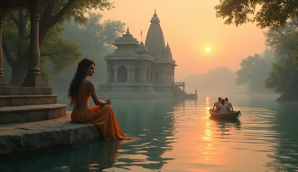 a beautiful long river and sun rise in the river and a hindu temple in the river a charming background preety girl sitting on the temple of veerenda a boat sinking and 4 person standing on the edge of boat