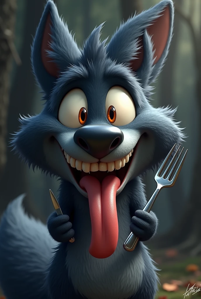 A whimsical, cartoonish black fox with large, expressive orange eyes, and exaggerated facial features stands with a mischievous, wide-eyed grin, holding a fork in one hand and a knife in other hand and matching the exact expression as the reference image:1.5. The fox's fur is dark black with tufts of fur adding texture and character. Its mouth is open wide with a comically large tongue sticking out, adding to its playful and mischievous appearance. The overall style is highly detailed with a touch of (hand-painted quality:1.4), focusing on exaggerated expressions:1.3, vibrant colors, and a humorous, light-hearted mood. The background is a softly blurred, dark-toned forest with hints of light filtering through the trees, adding to the magical and whimsical atmosphere.