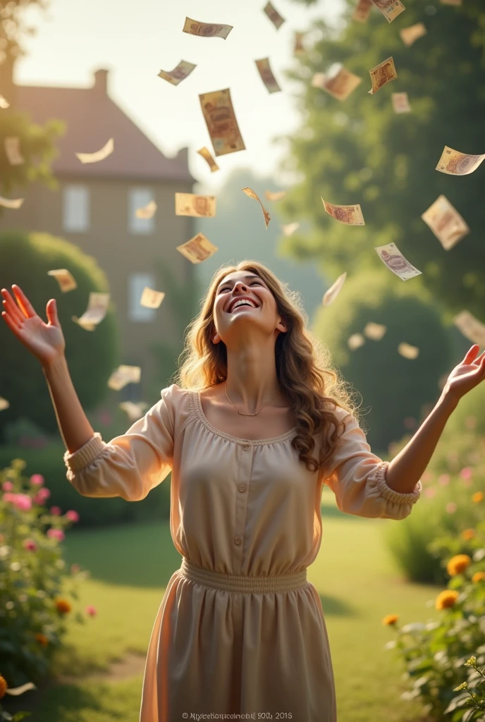 A beautiful British woman smiles happily, looks up, and spreads her arms, waiting to receive money, which is falling from the sky in large amounts. 