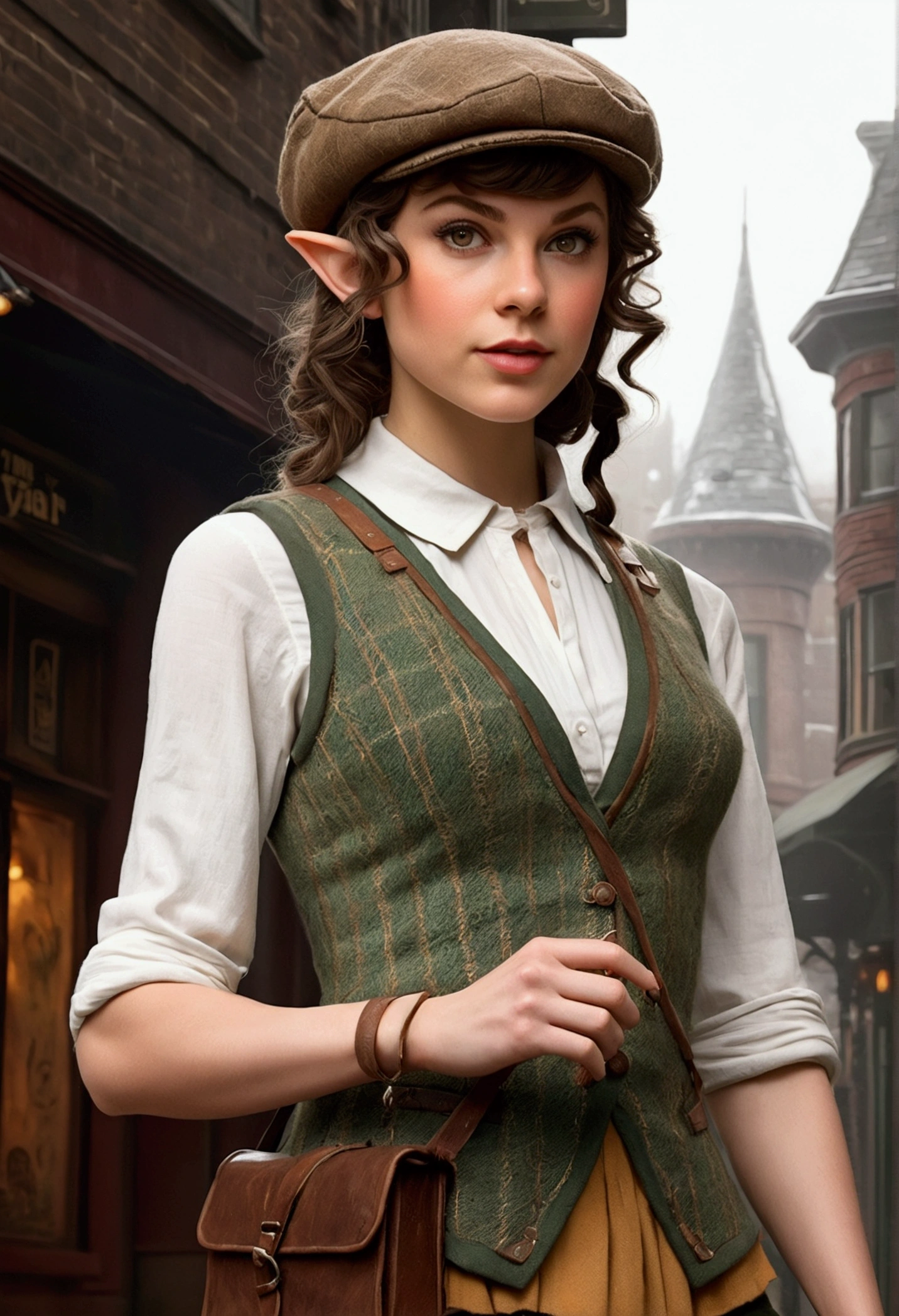 An illustrated movie poster, hand-drawn, full color, an elven maiden, wearing a tweed vest and a flat cap, tall, toned, amazonian stature, athletic hourglass figure, busty bosom, long pointy elf ears, amber eyes, dark hair, curly bob cut, warm almond skintone, freckles, resembles Taylorr Swift, standing on a foggy Victorian-era street corner, graphite shading, stencil marks, airbrushed acrylic paint, masterpiece, elf ears