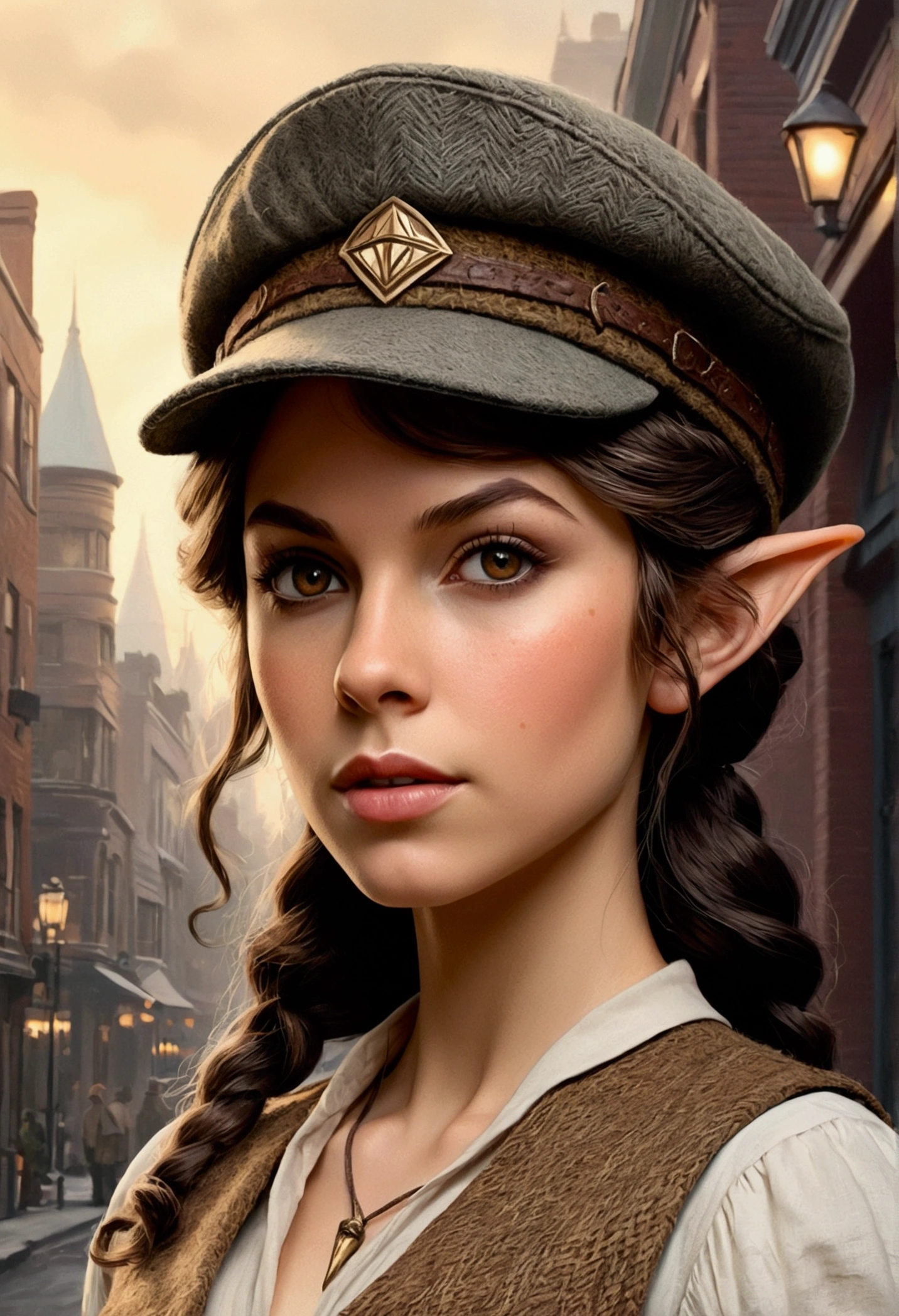 An illustrated movie poster, hand-drawn, full color, an elven maiden, wearing a tweed vest and a flat cap, tall, toned, amazonian stature, athletic hourglass figure, busty bosom, long pointy elf ears, amber eyes, dark hair, curly bob cut, warm almond skintone, freckles, resembles Taylorr Swift, standing on a foggy Victorian-era street corner, graphite shading, stencil marks, airbrushed acrylic paint, masterpiece, elf ears
