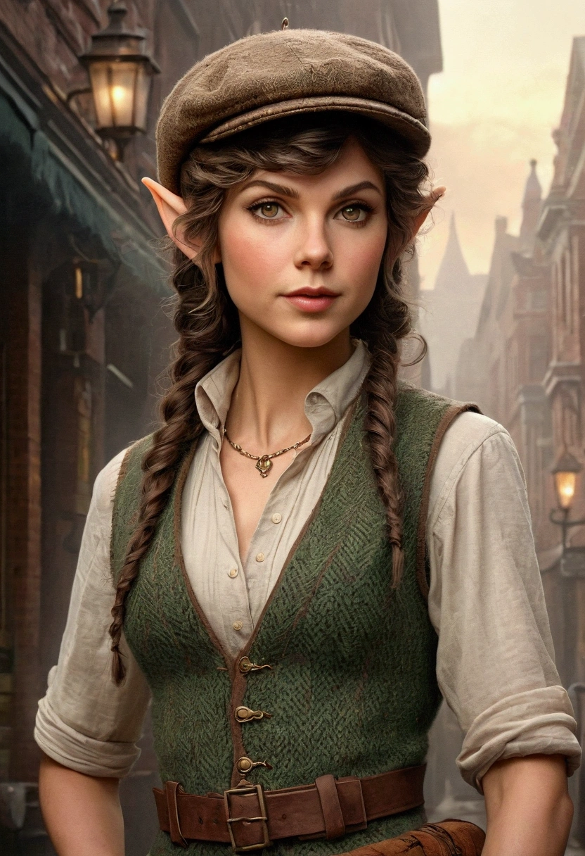 An illustrated movie poster, hand-drawn, full color, an elven maiden, wearing a tweed vest and a flat cap, tall, toned, amazonian stature, athletic hourglass figure, busty bosom, long pointy elf ears, amber eyes, dark hair, curly bob cut, warm almond skintone, freckles, resembles Taylorr Swift, standing on a foggy Victorian-era street corner, graphite shading, stencil marks, airbrushed acrylic paint, masterpiece, elf ears